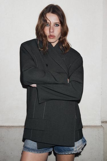 OVERSIZE BLAZER WITH CONTRAST STITCHING - Mid-grey by Zara