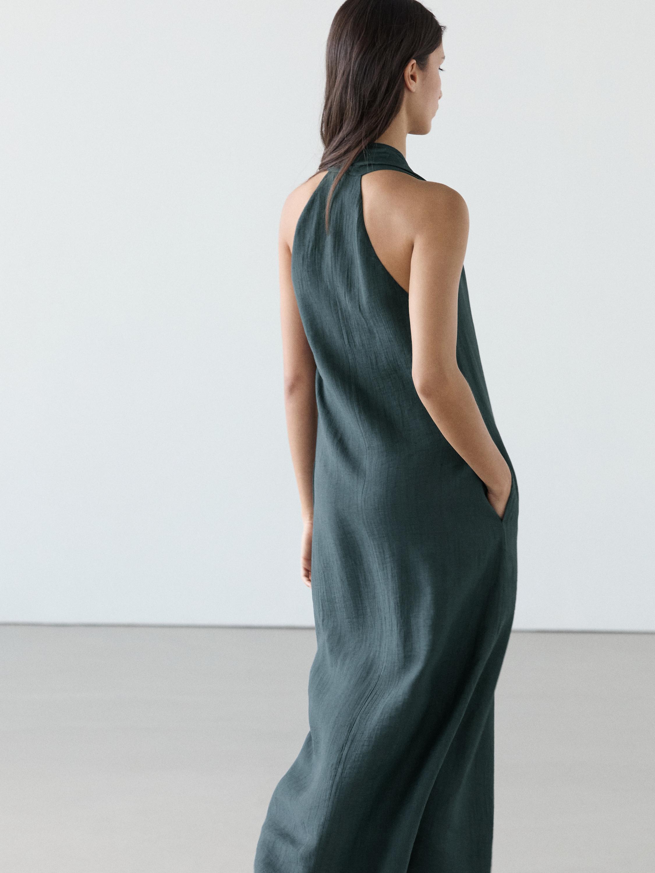 Linen blend midi dress with V-neckline