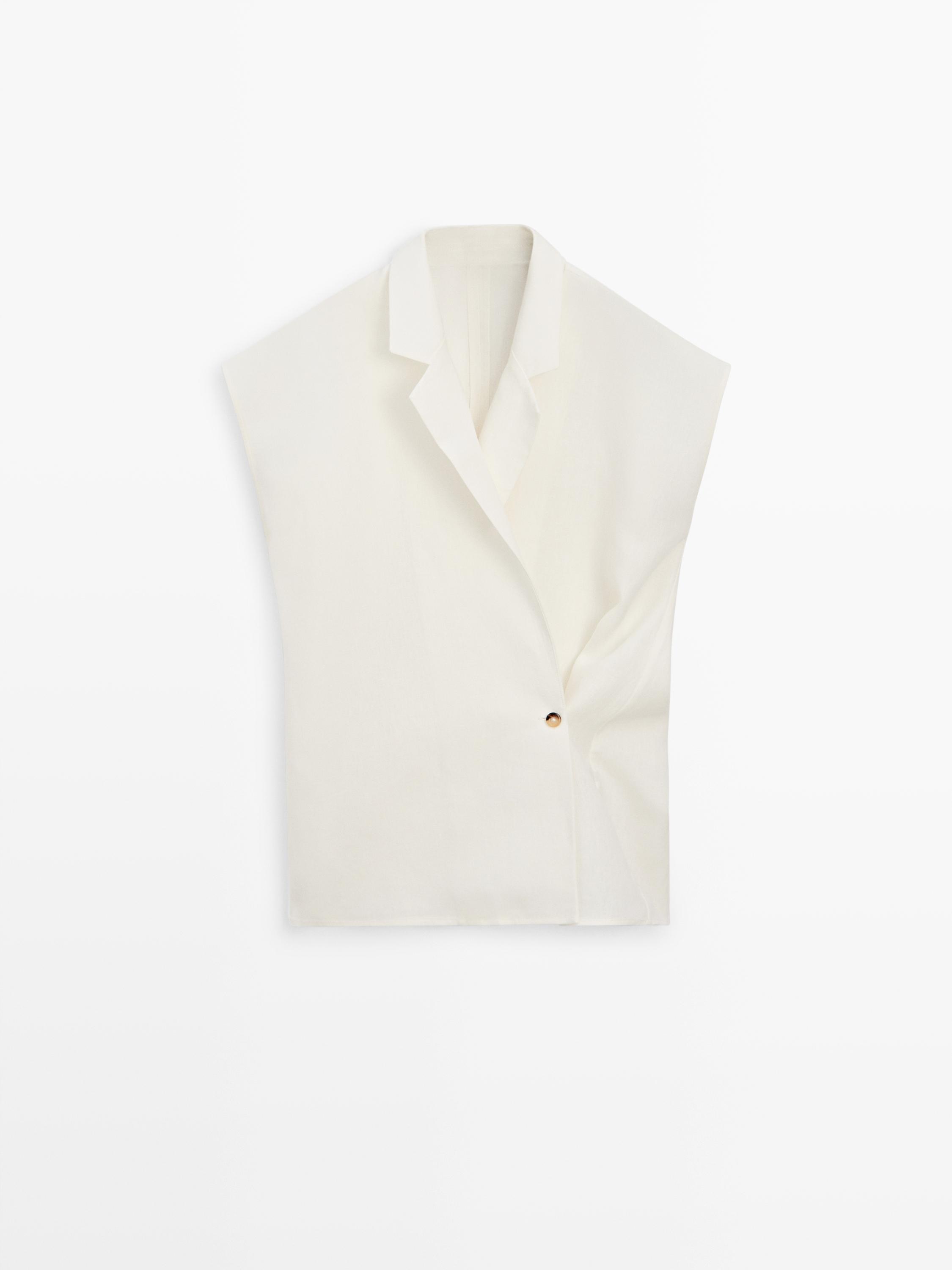 Linen double-breasted lapel vest — Oyster-white