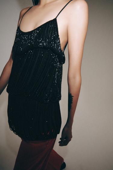 Zara ZW COLLECTION DRAPED BEADED TOP - Black