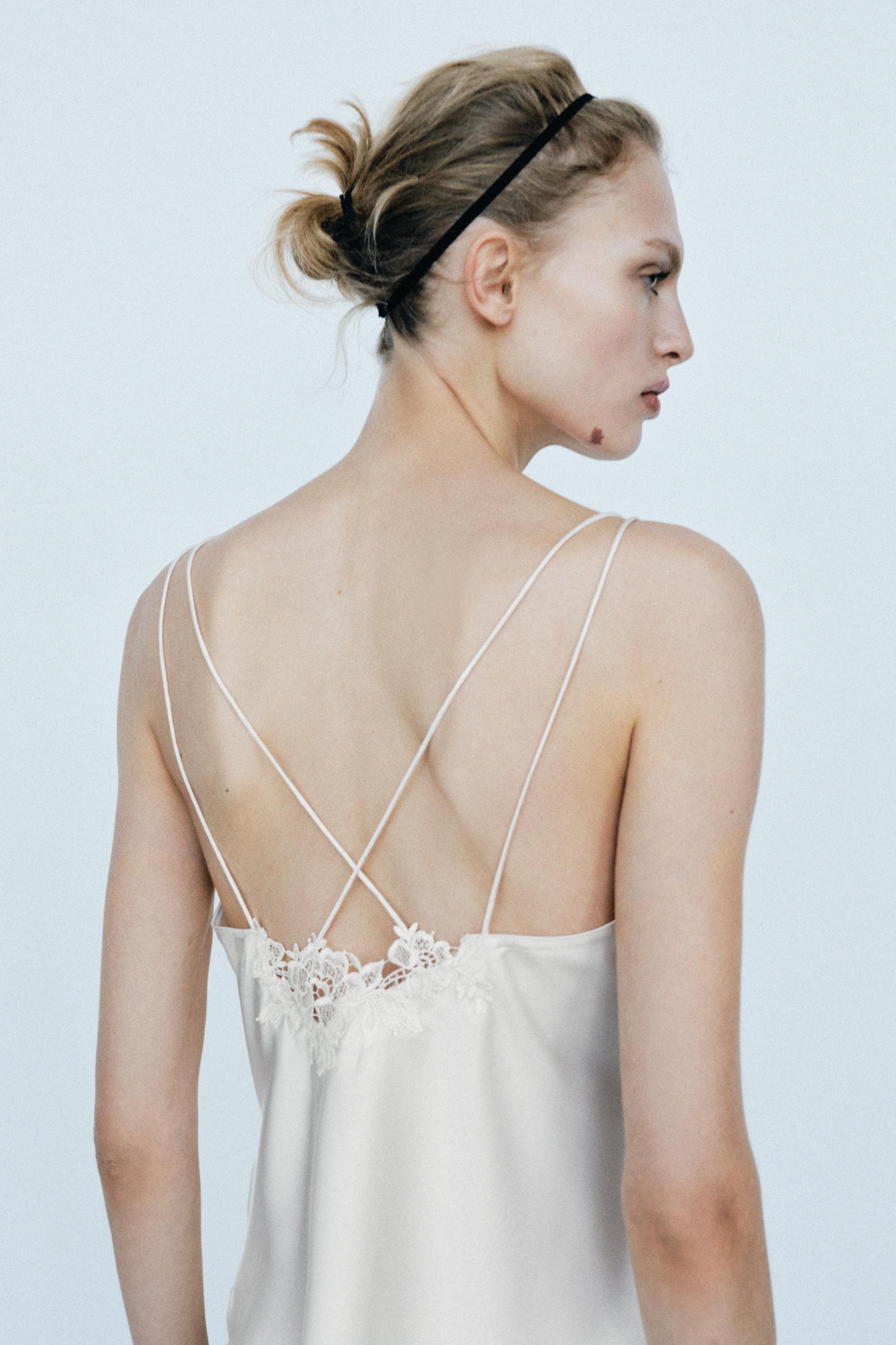 SATIN LACE-TRIM CROSS-STRAP TOP