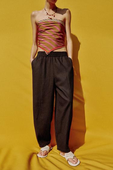 PANTALON BARREL AVEC LIN - Marron de Zara