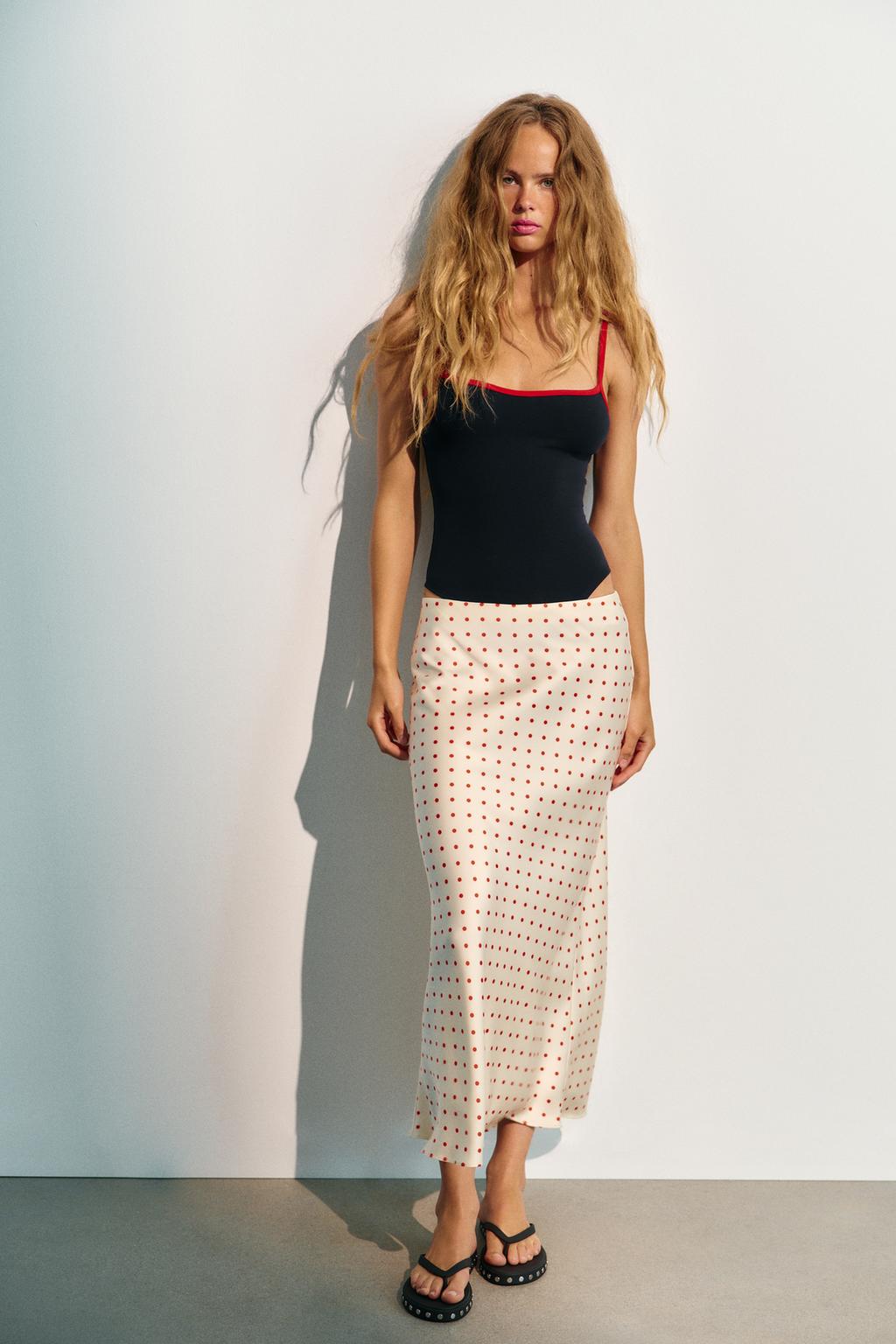 Polka Dot Satin Effect Midi Skirt