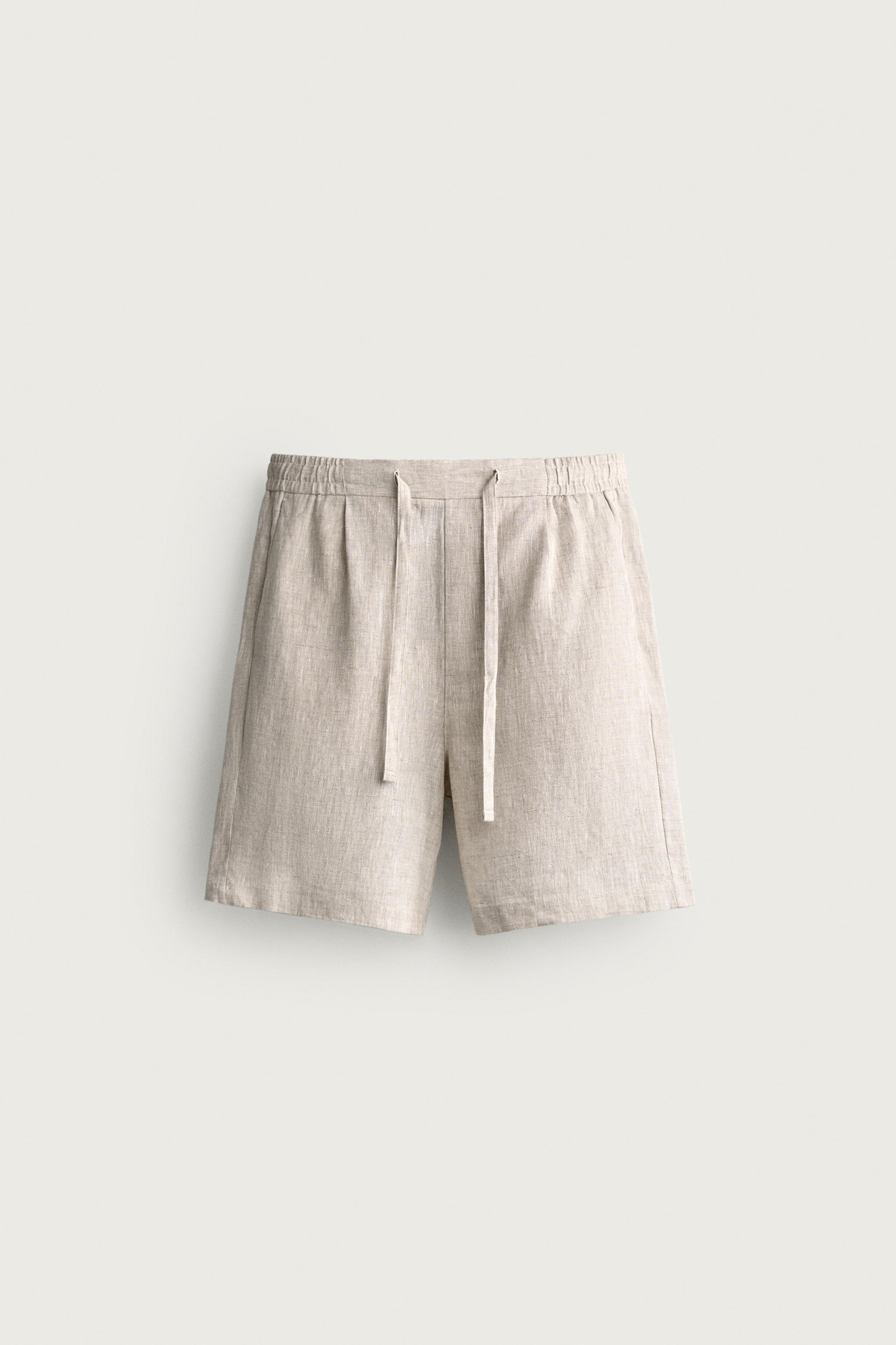 100% LINEN RELAXED FIT SHORTS — Light beige