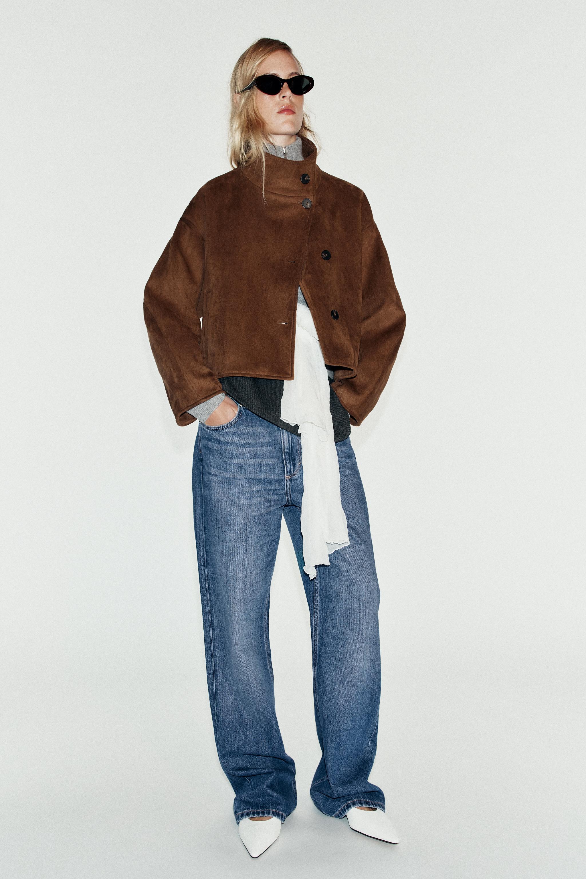 CROPPED FAUX SUEDE JACKET — Brown
