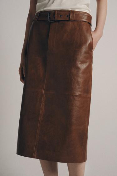 JUPE FOURREAU EN CUIR 100% ZW COLLECTION ÉDITION LIMITÉE - Marron clair de Zara - Image 1