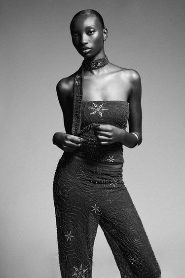 BEADED FOULARD TOP - Chocolate by Zara