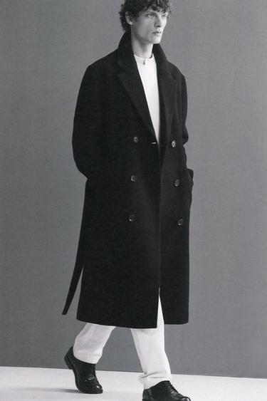 MANTEAU CROISÉ AVEC LAINE ET CEINTURE - Noir de Zara