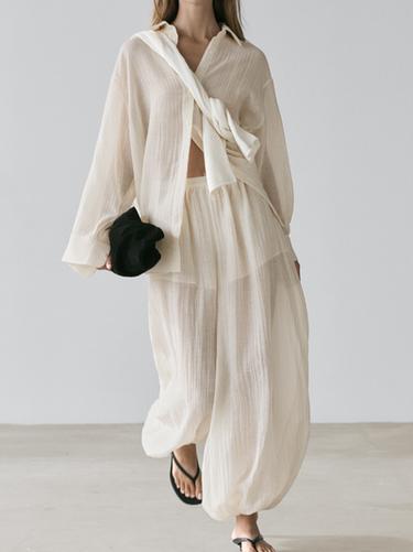 Pantalon bouffant fluide plissé - Ivoire de Zara