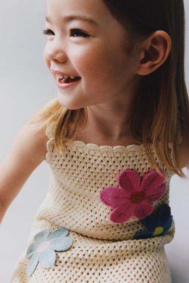 Zara FLORAL CROCHET KNIT DRESS - Ecru