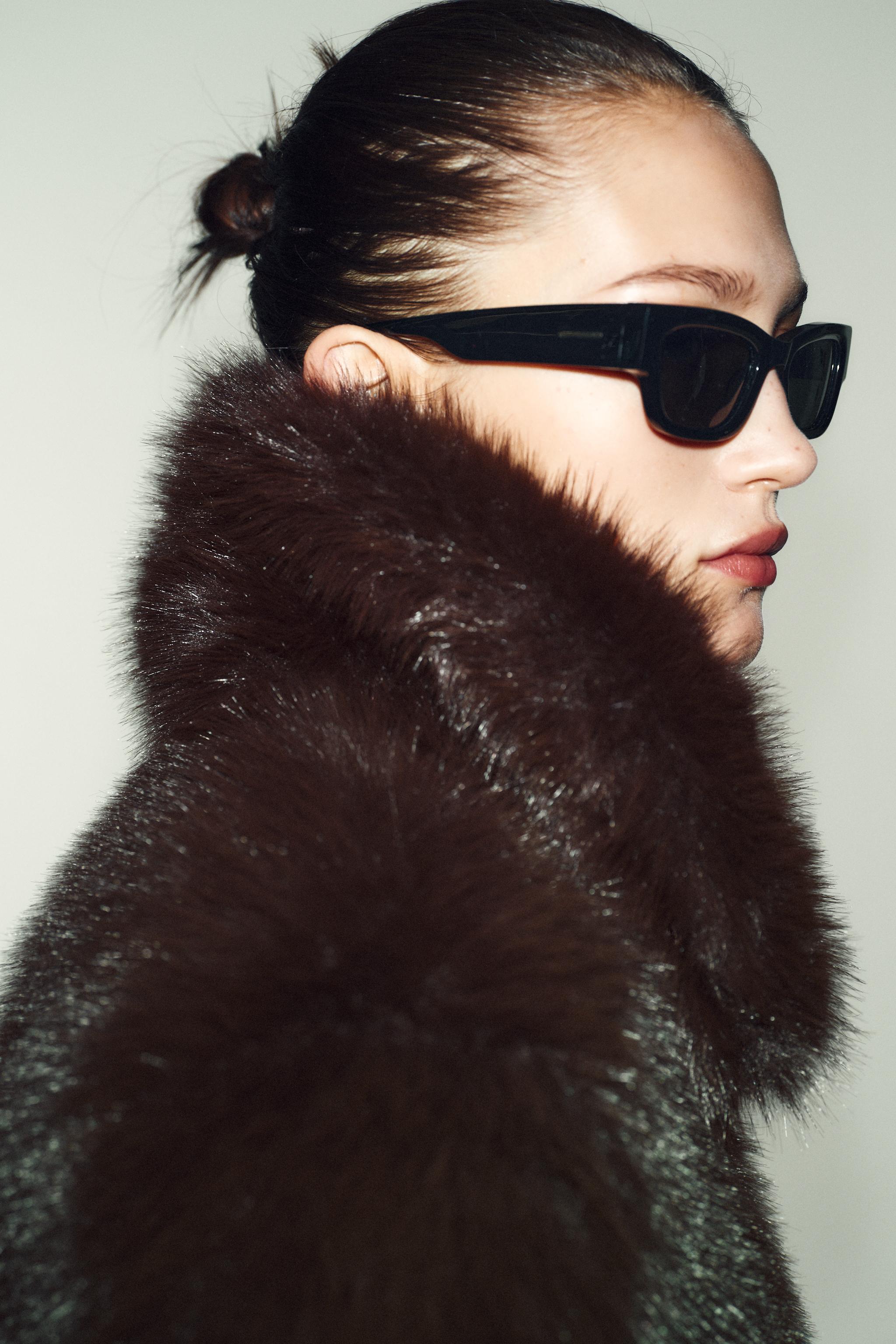 SHORT FAUX FUR COAT WITH LAPEL COLLAR