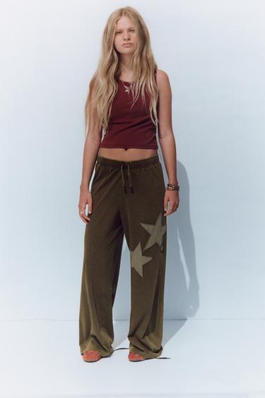 PANTALÓN WIDE LEG EFECTO LAVADO ESTRELLAS - Khaki de Zara