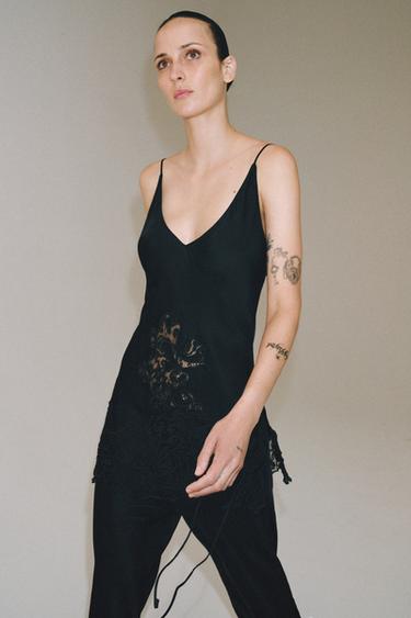 Zara ZW COLLECTION EMBROIDERED SATIN EFFECT TOP - Black