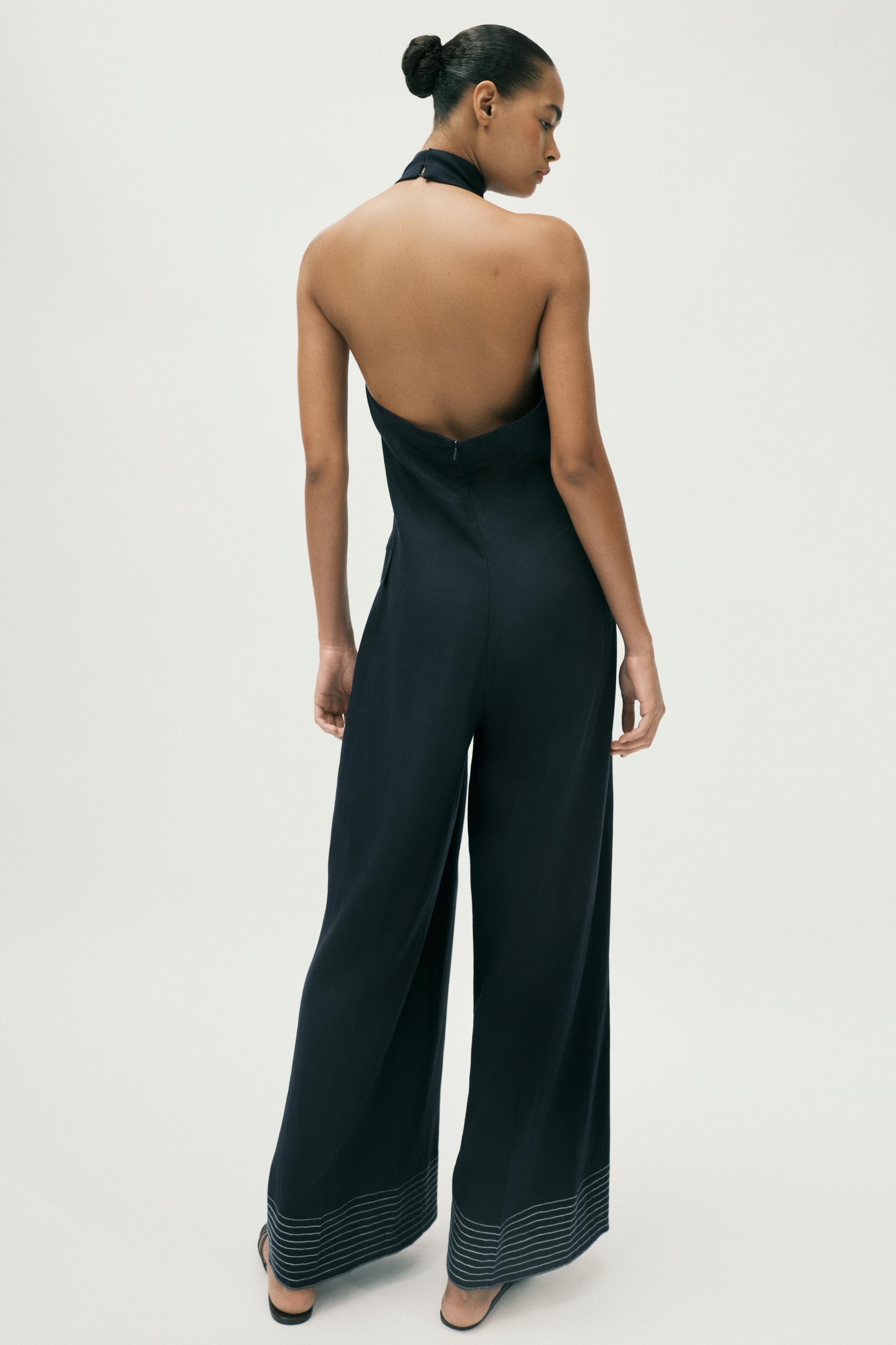 LINEN HALTER JUMPSUIT WITH CONTRAST TOPSTITCHING - Navy blue | ZARA United States LINEN HALTER JUMPSUIT WITH CONTRAST TOPSTITCHING - Navy blue | ZARA United States