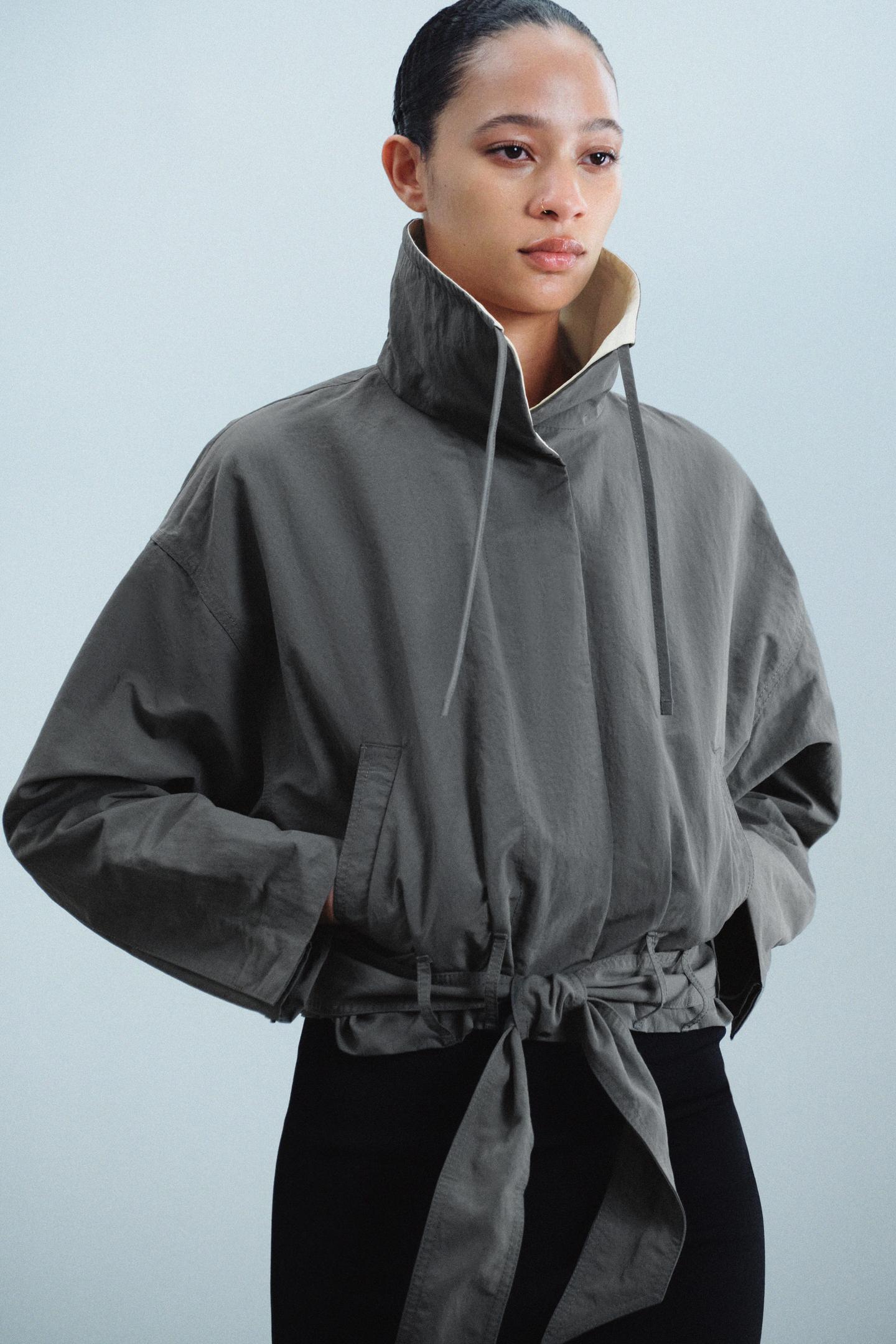 Женская куртка Zara ZW Collection Cropped Belted, цвет: Серый — фото 2