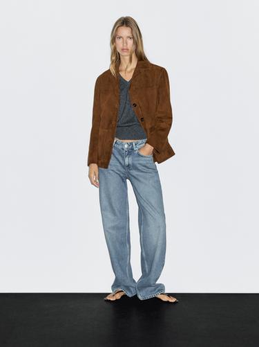 Americana piel ante pespunte - Coñac de Zara