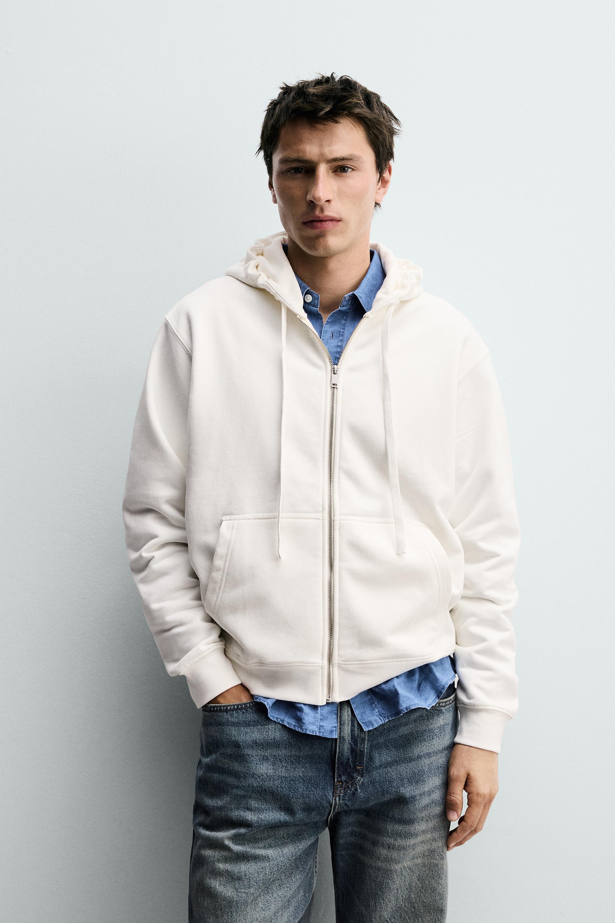 RELAXED FIT ZIP-UP HOODIE — Oyster-white