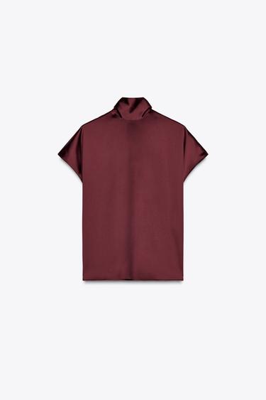 Zara SATIN EFFECT SHORT SLEEVE TOP - Maroon