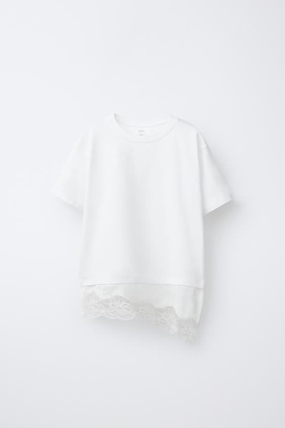 CAMISETA COMBINADA ENCAJE - Blanco de Zara - Imagen 0