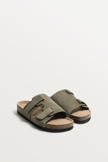LEATHER STRAPPY SANDALS - Green by Zara