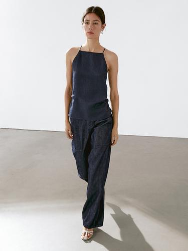 Zara Linen blend halter top with straight neckline - Blue