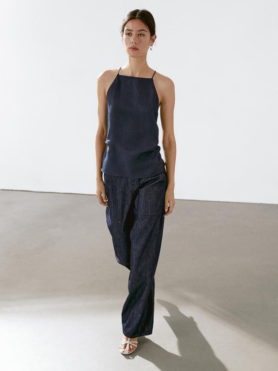 Linen blend halter top with straight neckline