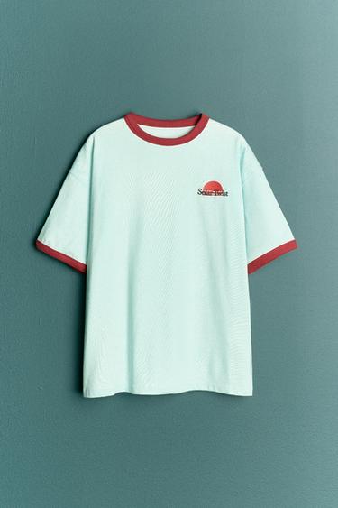 Zara CONTRAST TRIM EMBROIDERED T-SHIRT - Sky blue