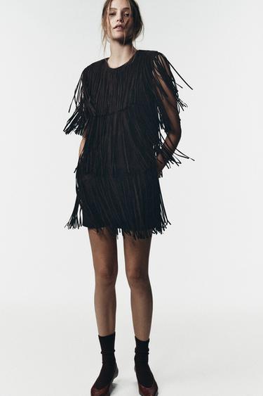 ROBE À FRANGES EN CUIR DE DAIM LIMITED EDITION - Marron de Zara