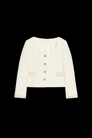 Zara ROUND NECK TEXTURED BLAZER - Ecru - Image 0
