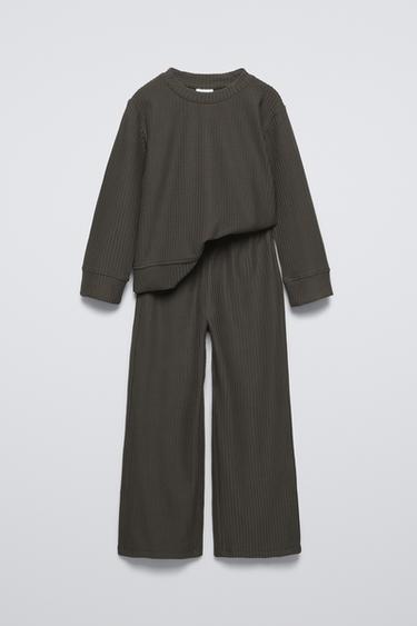 SOFT TOUCH RIBBED T-SHIRT AND WIDE-LEG TROUSERS SET - Brown / Taupe by Zara