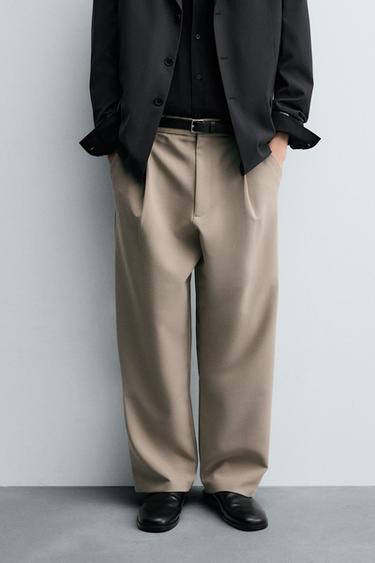 Zara PLEATED RELAXED FIT PANTS - Light tan
