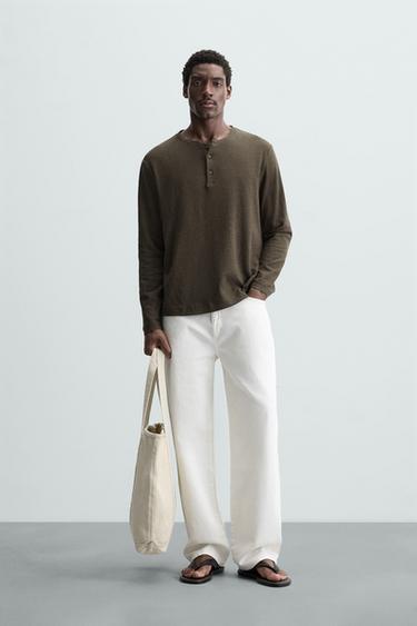 Zara COTTON LINEN BLEND BUTTON NECK T-SHIRT - Dark green