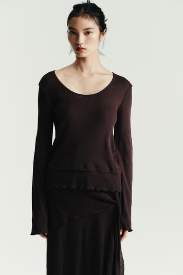 Zara SOFT DOUBLE EFFECT T-SHIRT - Chocolate brown