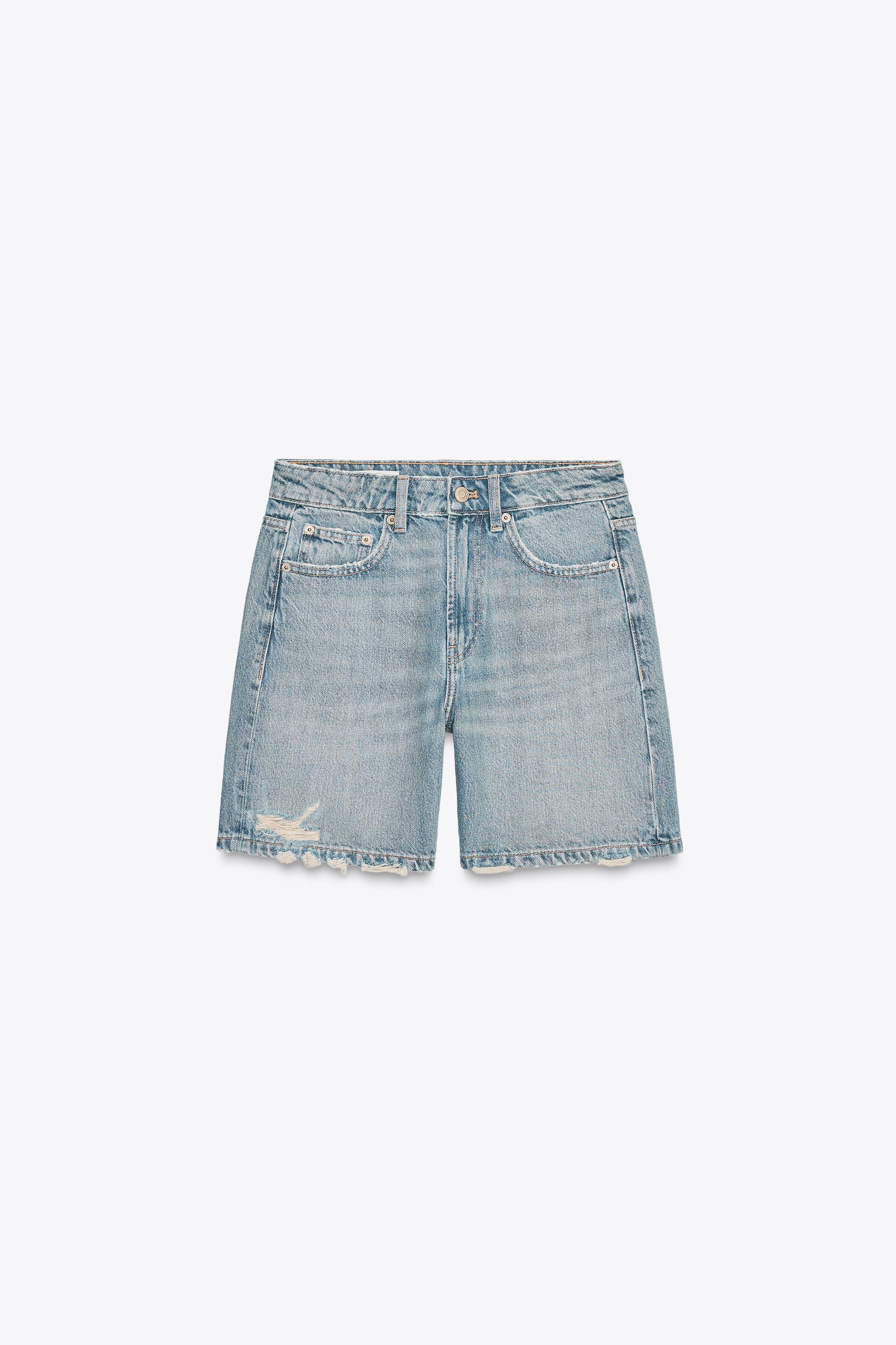 【ZARA】ミッドライズ ストラス装飾 デニムバミューダショーツ ミッドライズ ストラス装飾 デニムバミューダショーツ - ブルー