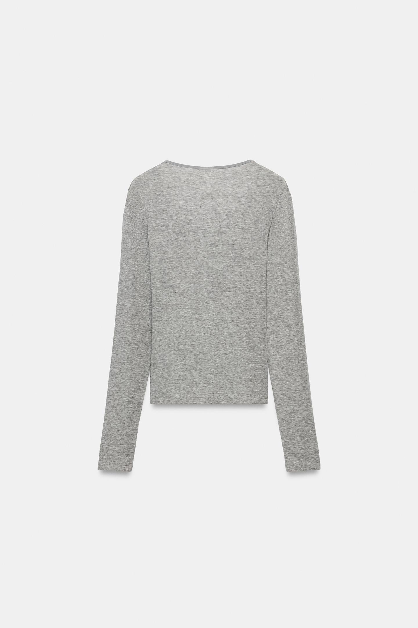 Женская футболка Zara Buttoned Henley, цвет: Серый — фото 5