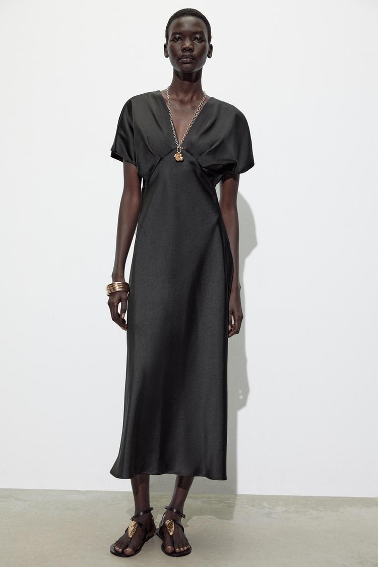 Maniche Lunghe Zara Vestito Nero Seta Abito Effetto Pelle Nero A