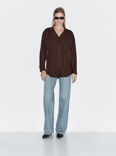 Zara V-neck shirt with pockets - Brown - Image 0