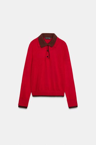 Zara COMBINATION KNIT POLO JUMPER - Red