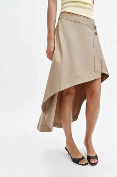 FALDA MIDI ASIMÉTRICA - Tostado de Zara