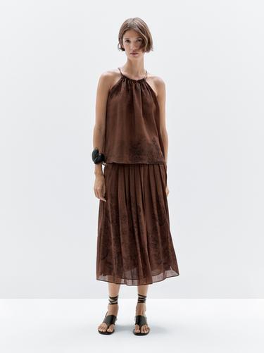 Falda midi vuelo estampado flores - Chocolate de Zara - Imagen 0