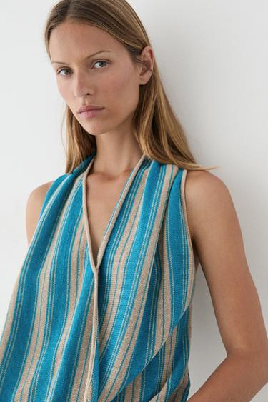 Zara Striped linen blend surplice top - Turquoise