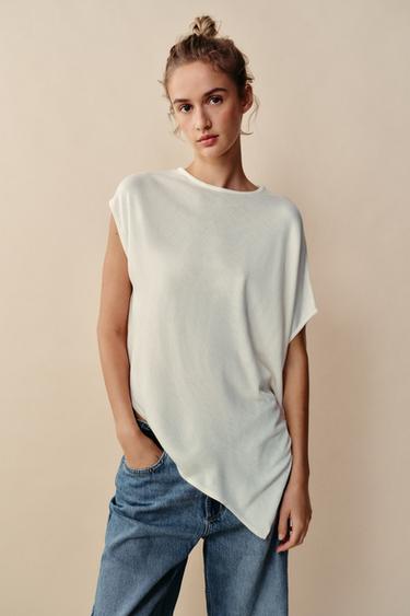 Zara ASYMMETRIC KNIT TOP - ecru-white