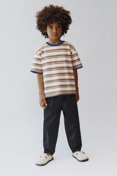 Zara STRIPED TRIM T-SHIRT - Brown / Ecru