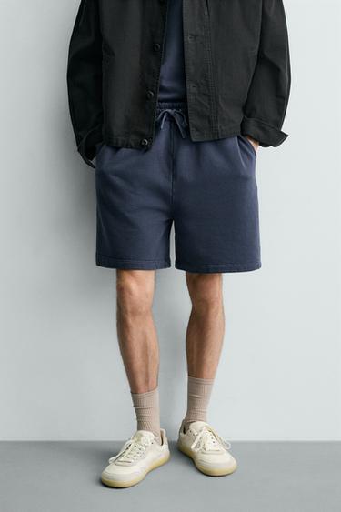 Zara 基本款水洗慢跑短褲 - 深藍色