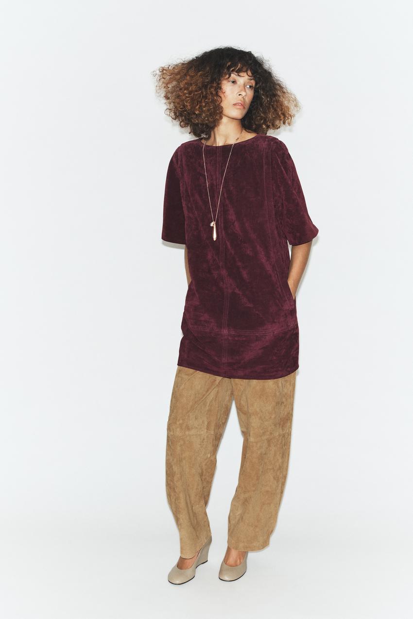 100% SUEDE LEATHER SHORT DRESS - Burgundy | ZARA United States