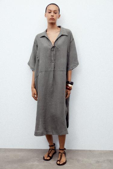 ZW COLLECTION 100% LINEN KAFTAN - Grey by Zara