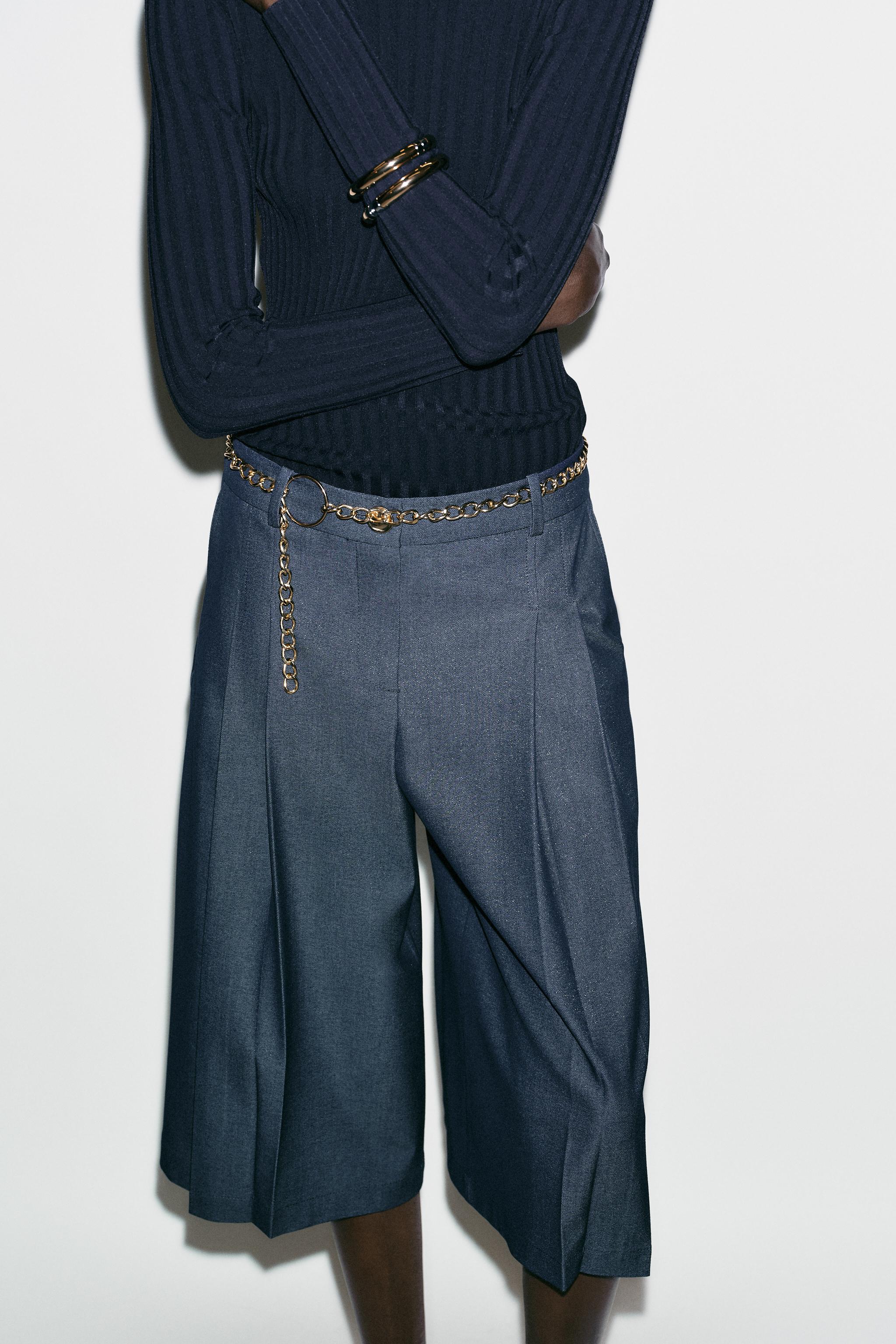 チェーンベルト付きロングバミューダパンツ - ブルー/インディゴ