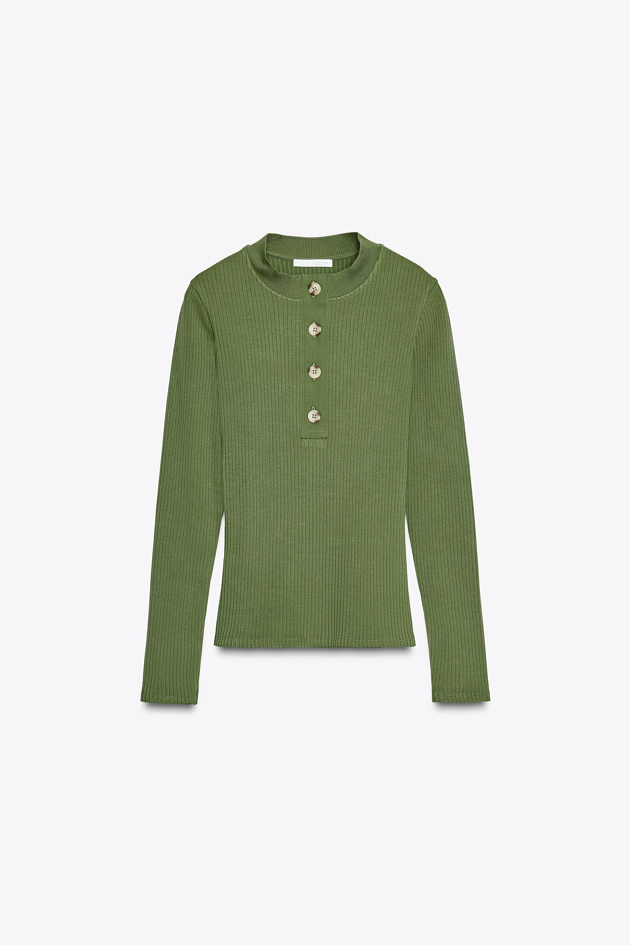 ボタン付きリブ編みTシャツ - グリーン/エクリュ | ZARA Japan