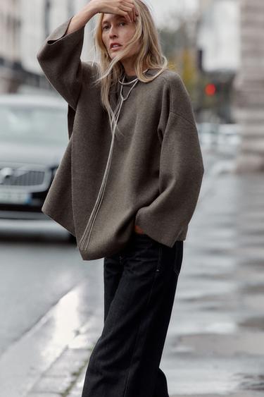 MANTEAU COURT EN MAILLE AVEC ÉCHARPE - Marron / Taupe de Zara - Image 2
