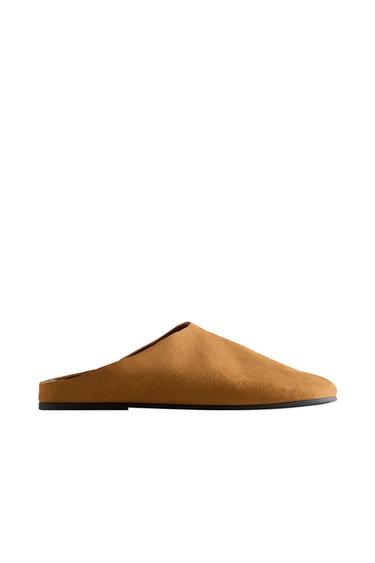 Zara WARM LEATHER MULE SLIPPERS - Brown